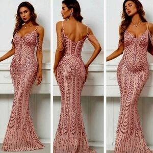 Elegant Rose Gold Sequin Mermaid Evening Dress - Brand